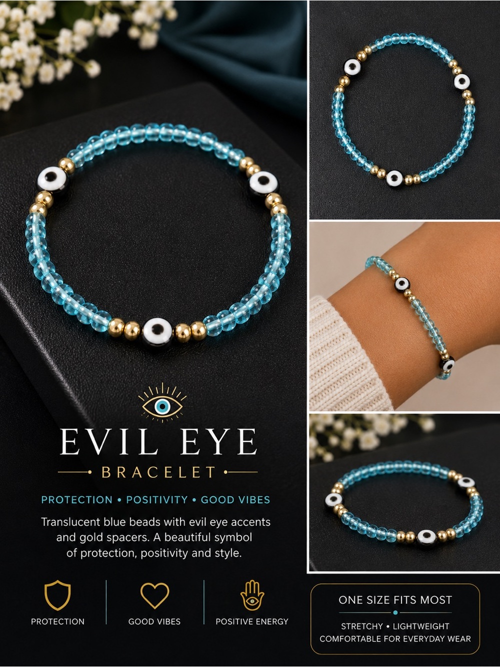 Evil Eye Translucent Blue Bead Bracelet - Gold Accents #64